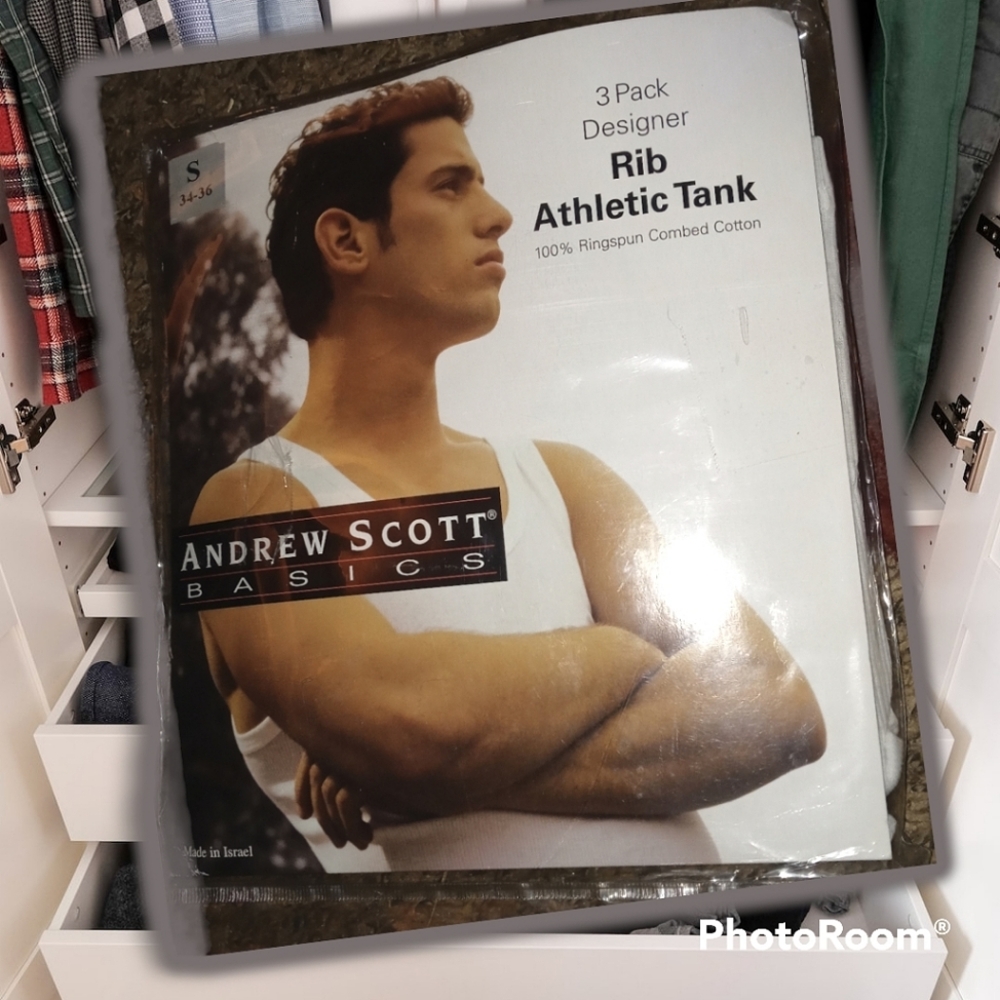 🤑5/$12! NIP 3 Pack Andrew Scott Basics White Designer Rib Athletic Tank S 34-36